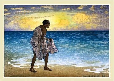 Postcard of a man walking
                    along the ocean